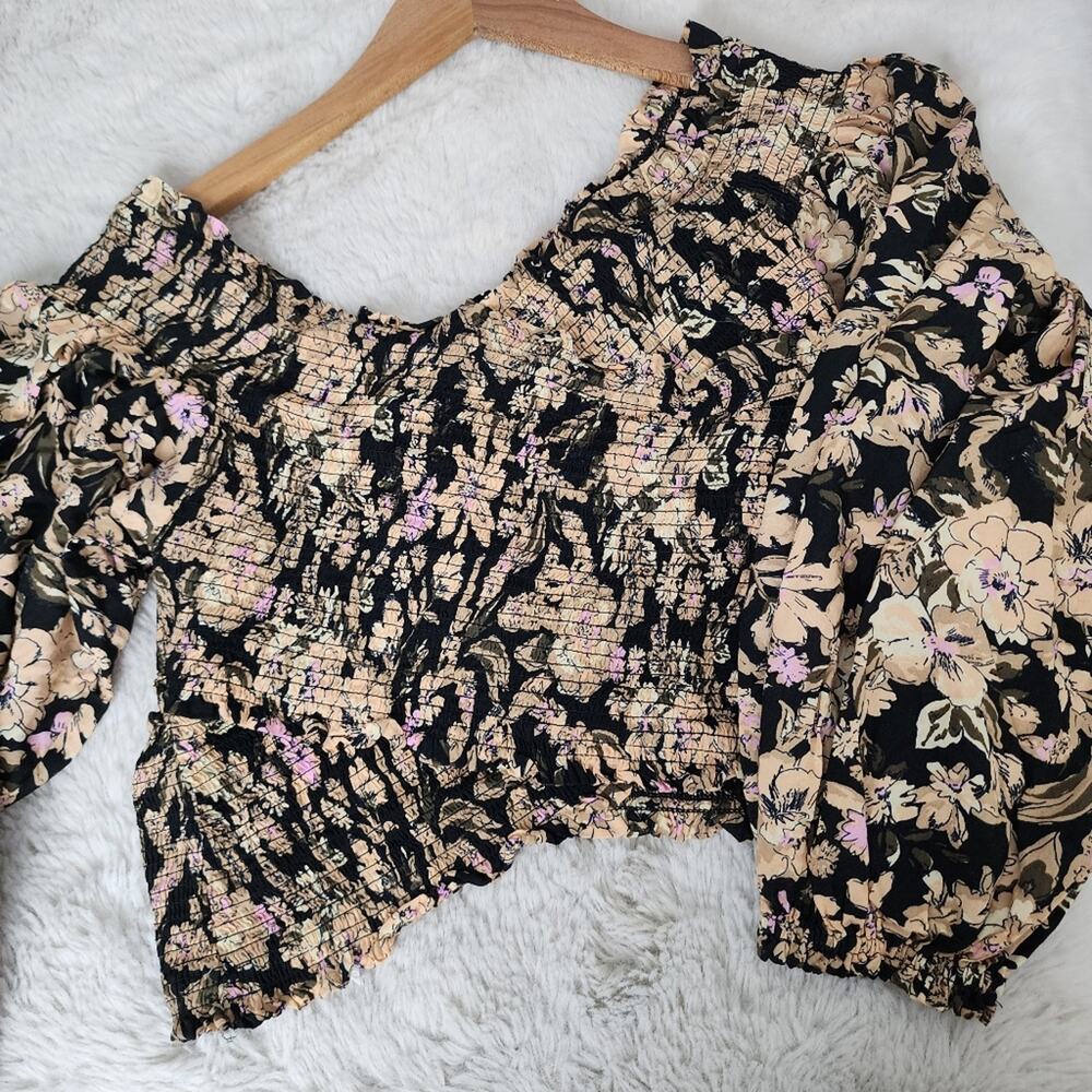 Free People East To West Smocked Off Shoulder Top Black Gold Floral Blouse M FP - Picture 6 of 14